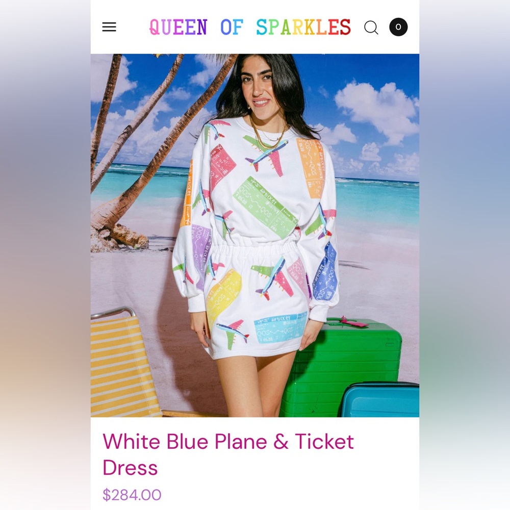 Queen of sparkles white blue plane and ticket dress large